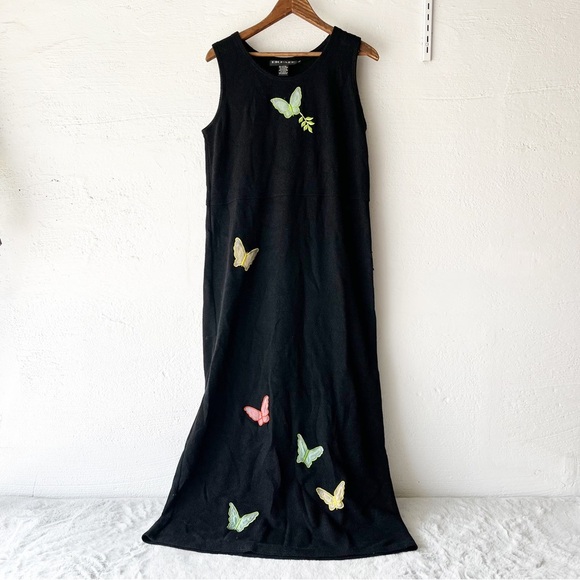 VINTAGE Richard Black Sleeveless Maxi Dress with Butterflies Size Medium - Picture 1 of 6